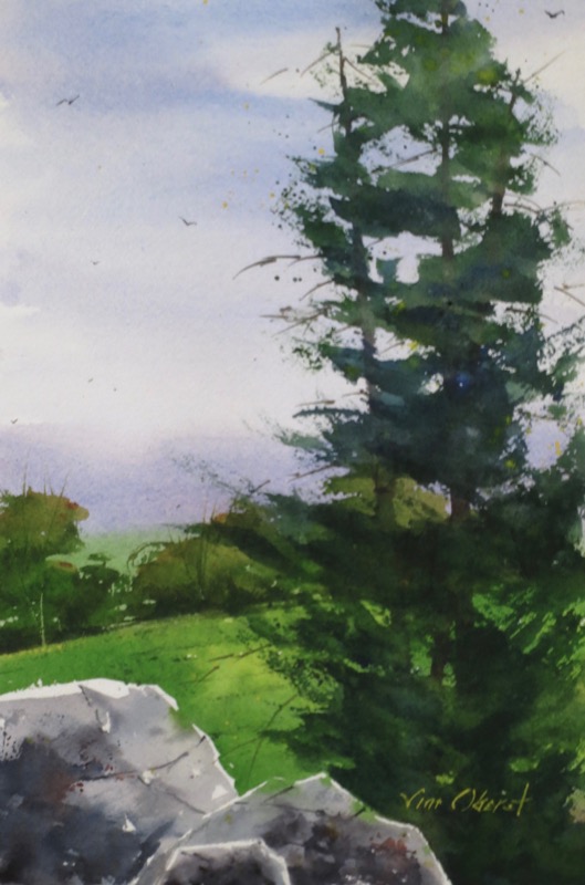 landscape, trees, rocks, hill, oberst, watercolor, painting